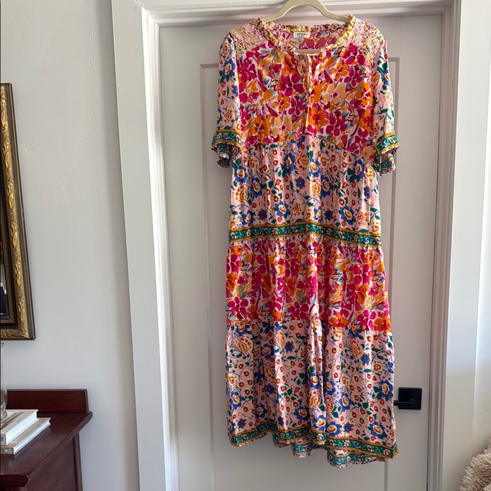 Umgee Pink and Red V-Neck Midi Sundress